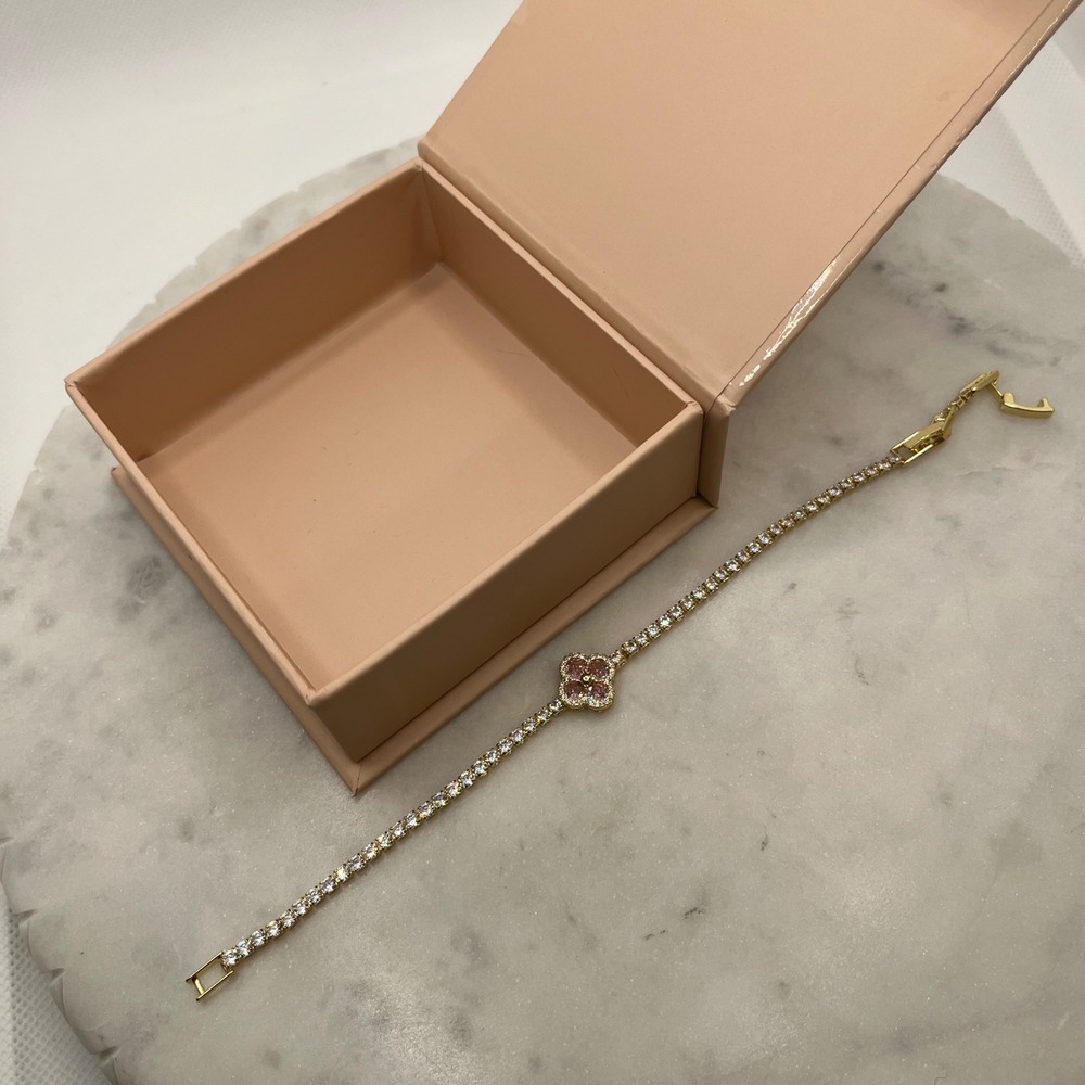 Pink Clover Pave Tennis Bracelet Adina Eden 14K Gold Plate Rhinestone CZ Jewelry - Picture 5 of 5